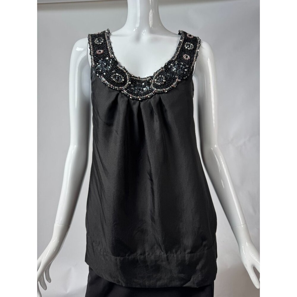 Yoana Baraschi Black Silk Beaded Embellished Scoop Neck Sleeveless Top